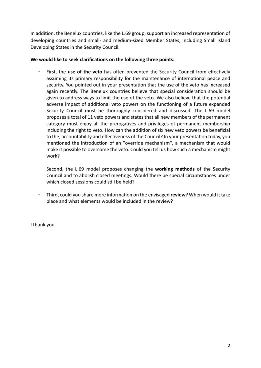 #Luxembourg spoke for #Benelux countries in #IGN negotiations on Security Council reform and commented on the reform model presented by Amb Rhonda King <a href="/SVG_UN/">Permanent Mission of SVG to the UN</a> 🇻🇨 on behalf of the L.69 group. Key points:
🔹enlargement in both categories 
🔹veto
🔹working methods 
🔹review clause