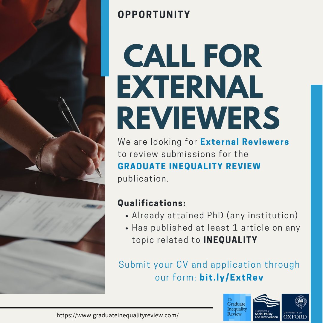 InequalityRev's tweet photo. GIR, a student publication based in @DSPI_Oxford, is looking for External Reviewers to review submissions for its yearly publication. The qualifications are as follows:
· Already attained PhD (any institution)
· Has published at least 1 article on relevant topics https://t.co/VpGNRfEL8B