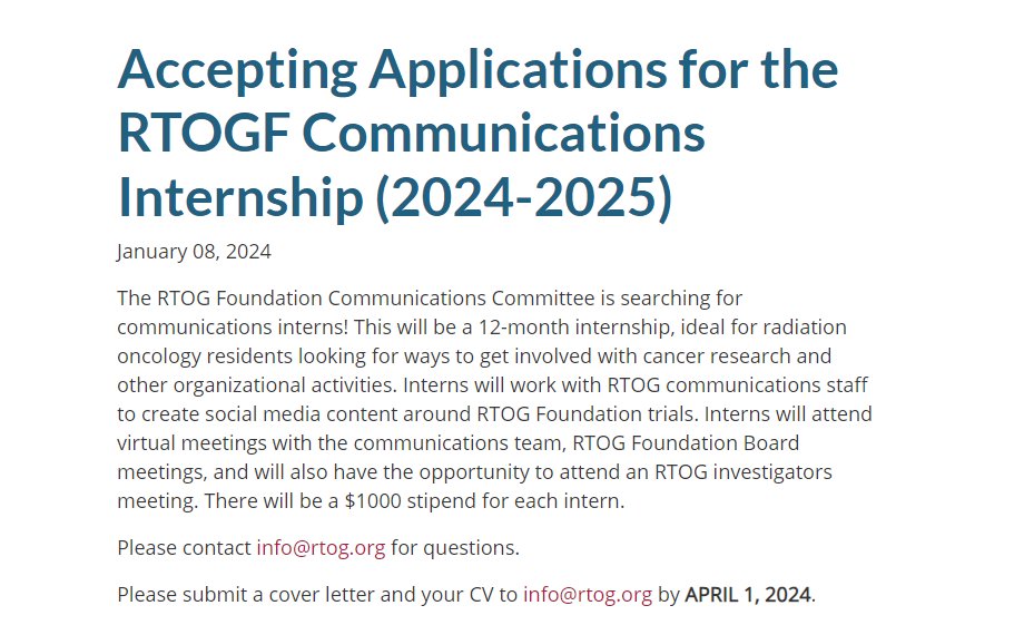 Fumiko Ladd Chino, MD, FASCO (@fumikochino) on Twitter photo 📢We are recruiting NEW interns to join us on the RTOG Communications Committee. Our 2023-2024 interns Drs <a href="/DanielleCerbon/">Danielle Cerbon, MD</a> <a href="/aiims2738/">Rituraj Upadhyay, MD</a> did an amazing job🙌. This PAID position is perfect for trainees who want to get involved with cancer research & <a href="/NRGonc/">NRG Oncology</a>
➡️ow.ly/TBRJ50QsbcP 📢We are recruiting NEW interns to join us on the RTOG Communications Committee. Our 2023-2024 interns Drs <a href="/DanielleCerbon/">Danielle Cerbon, MD</a> <a href="/aiims2738/">Rituraj Upadhyay, MD</a> did an amazing job🙌. This PAID position is perfect for trainees who want to get involved with cancer research & <a href="/NRGonc/">NRG Oncology</a>
➡️ow.ly/TBRJ50QsbcP