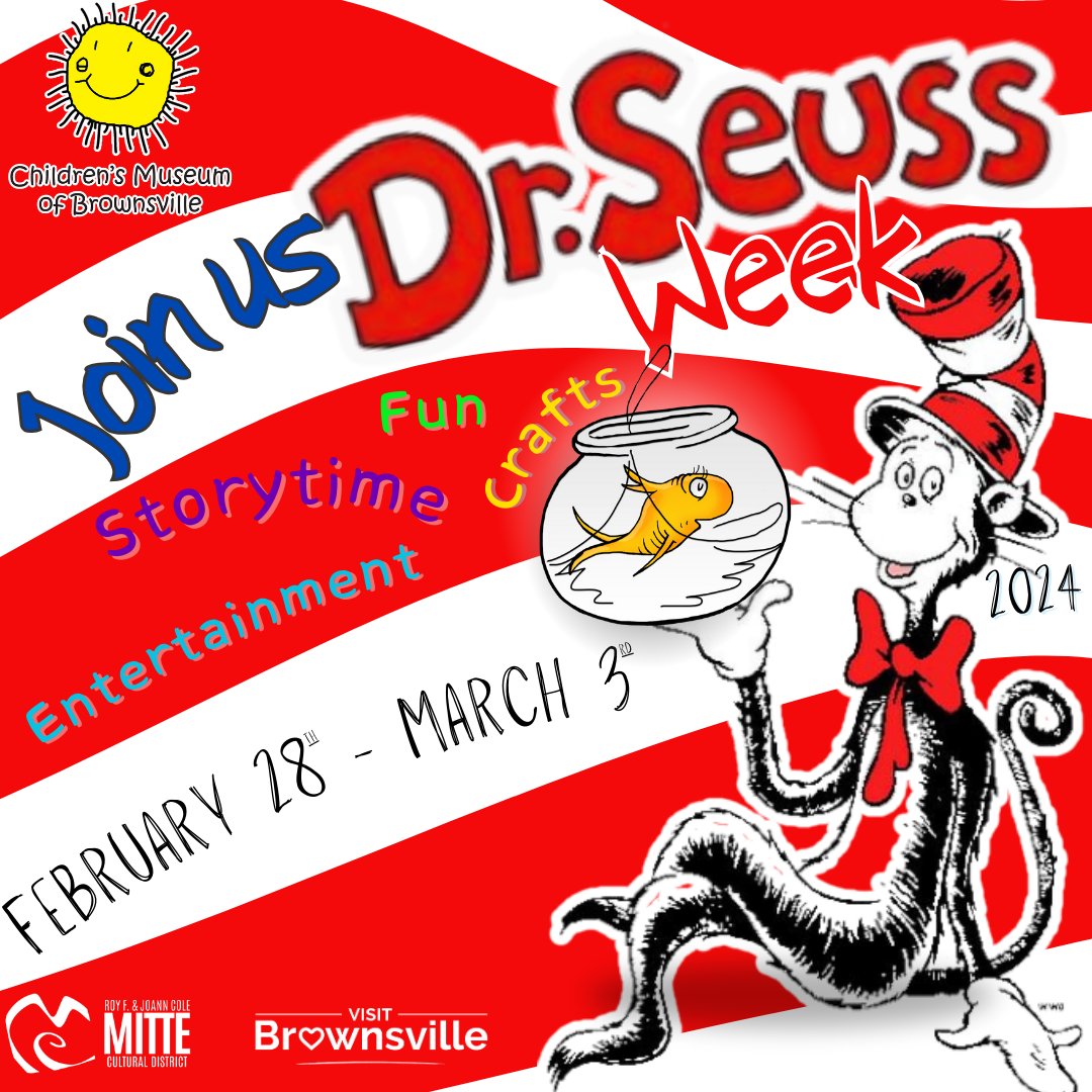 ChildrenMuseumB's tweet photo. Starting February 28th, mark the date,
Dr. Seuss week begins, don't you be late!
Each day brings a theme, and a story that's grand,
Crafts and activities, that will never be bland!
From the Cat in the Hat to Horton Hears a Who,
Join us daily, an invitation for you!
See you there! https://t.co/KHjDbS0oeq