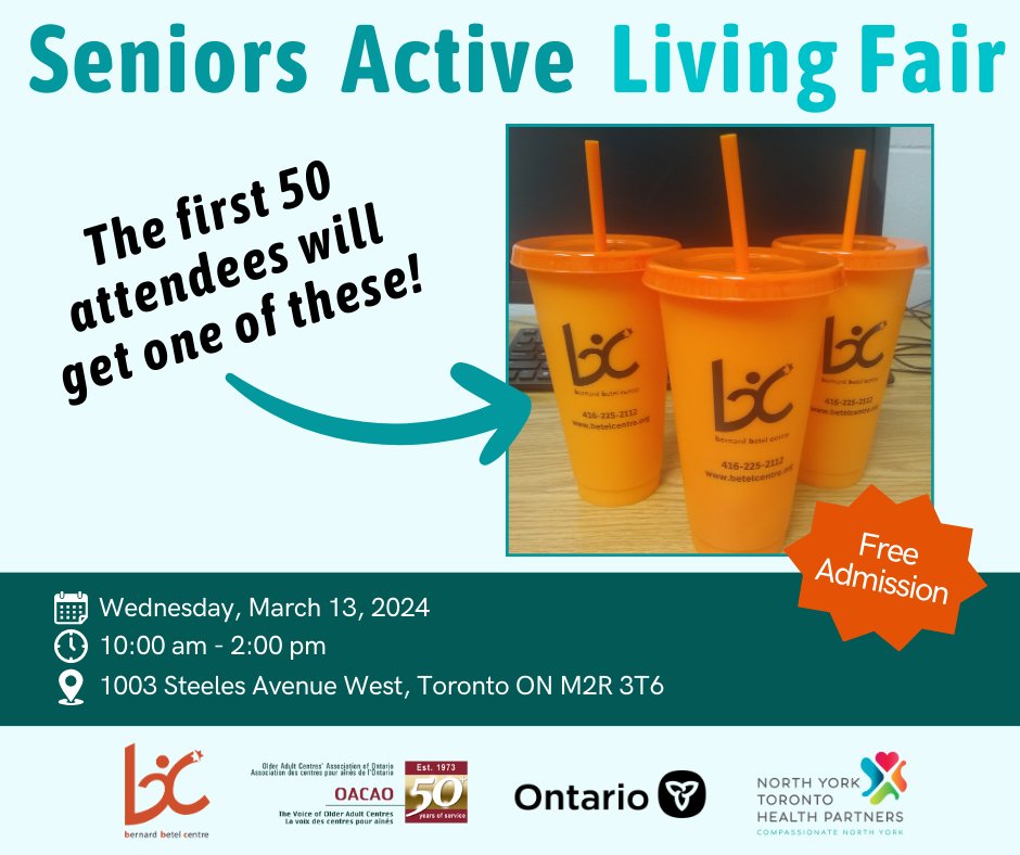 betelcentre's tweet photo. Is the Seniors Active Living Fair in your calendar? Add Wednesday, March 13 from 10am-2pm to your calendar today!🗓️✅ A FREE gift for the first 50 attendees thanks to the @4imprint #4onebyone grant! Learn more
https://t.co/BZpaUPVH80 @TheOACAO @SeniorsON #SeniorsActiveLivingFairs https://t.co/OYuqzY3NNO