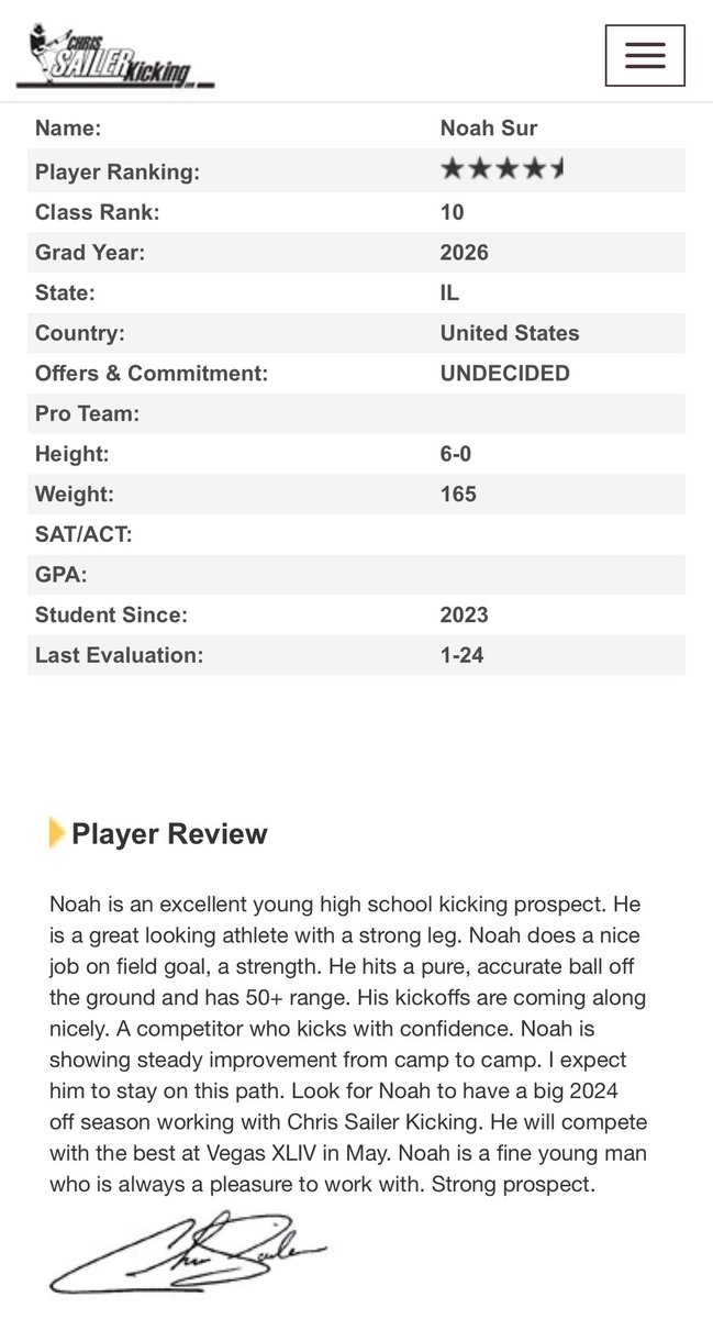 Thankful to be ranked nationally by @Chris_Sailer as #10 kicker in the 🇺🇸, and #3 in IL for the class of 2026. @CNendick25 @FenwickAD @FenwickFB @CSKRECRUITING @FenwickCoachB @CoachV_Friars