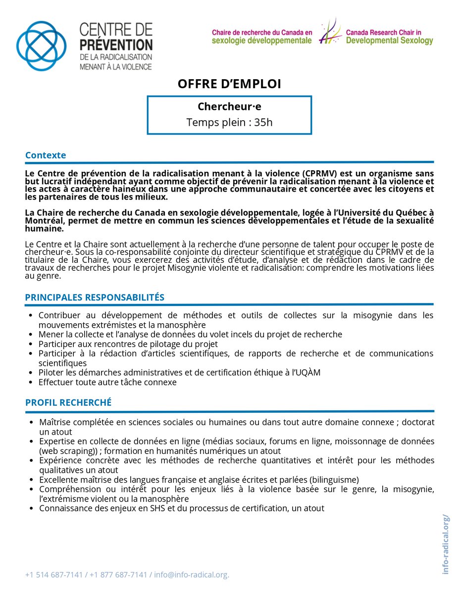 Hiba_Zerrougui's tweet image. Un poste en recherche  à temps plein, basé à #Montreal avec une équipe de recherche dynamique et avec une possibilité de télétravail!
Expertise en étude de la #violence politique, de l&apos;extrémisme, #misogynie en ligne ainsi qu&apos;en #méthodologies de recherche en ligne.