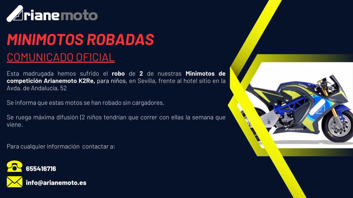 ArianeMotoMC's tweet photo. 🔔 Minimotos Robadas 🚨
Por favor Difundid!!📍 Sevilla 
Dos niños tendrían que correr con ellas la próxima semana. Son 2 minimotos eléctricas. Si alguien las ve por favor contactar con Guardia Civil y ArianeMoto. Gracias 🙏 https://t.co/osXTZ7ihuS