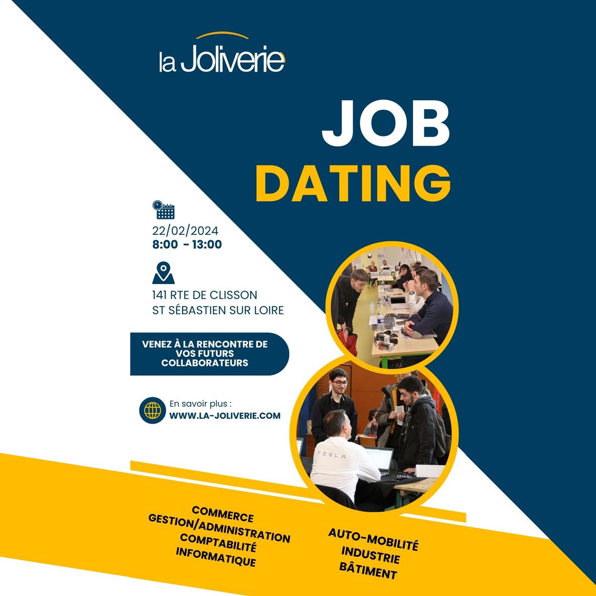 [#actu] J-3 🔧 <a href="/agriKomp_Fr/">agriKomp</a> &amp; <a href="/ServiceUnion_FR/">ServiceUnion_FR</a> seront présents le jeudi 22 février au #JobDating de <a href="/lajoliverie/">La Joliverie</a>  👩🏻‍🔧

Venez à la rencontre de Celine BALDA et Melody RENAULT pour parler #recrutement #méthanisation et n'oubliez pas vos CV !