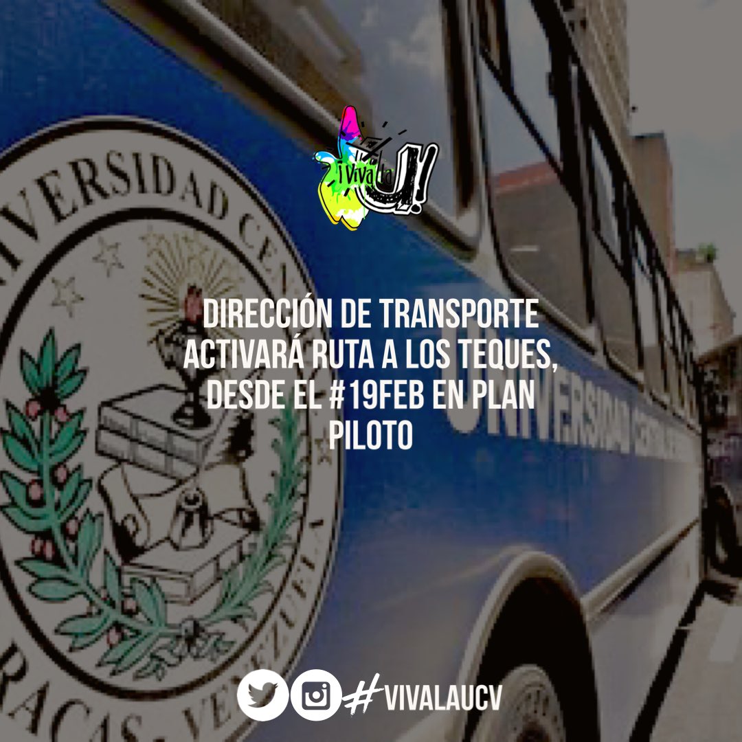 VivaLaUCV's tweet photo. Dirección de Transporte activará la ruta extra urbana a los Teques.

A través del comité sindical de la Dirección de Transporte se conoció la activación de la Ruta Sub Urbanas con Destino a Los Teques el próximo lunes #19Feb del año en curso. https://t.co/YJ6MucDnU0