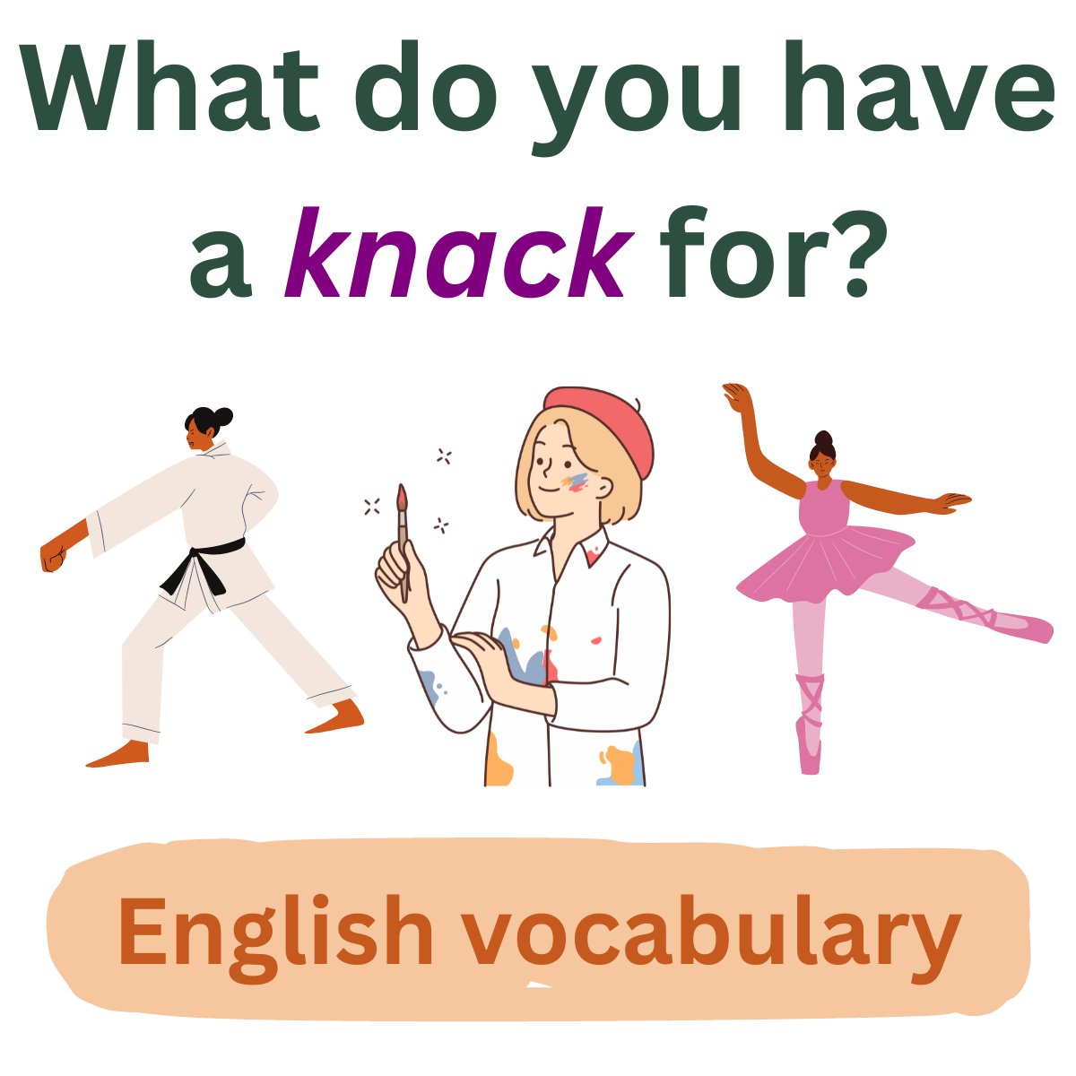 #learnenglish #englishvocab 

⭐KNACK

✳ noun

☆ MEANING: a special ability or talent

✶ Jane has a knack for painting.

✶ Simon has a knack of remembering people's names.

✨ Knack is pronounced as 'nack'.
        (the 'k' at the beginning is silent)