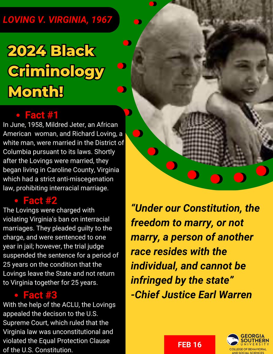 CriminalGs's tweet photo. Day 16!
#LovingVVirginia #InterracialMarriage #ACLU #SCOTUS #BlackHistoryMonth #CriminalJustice #Criminology https://t.co/cXLzBC2D2B