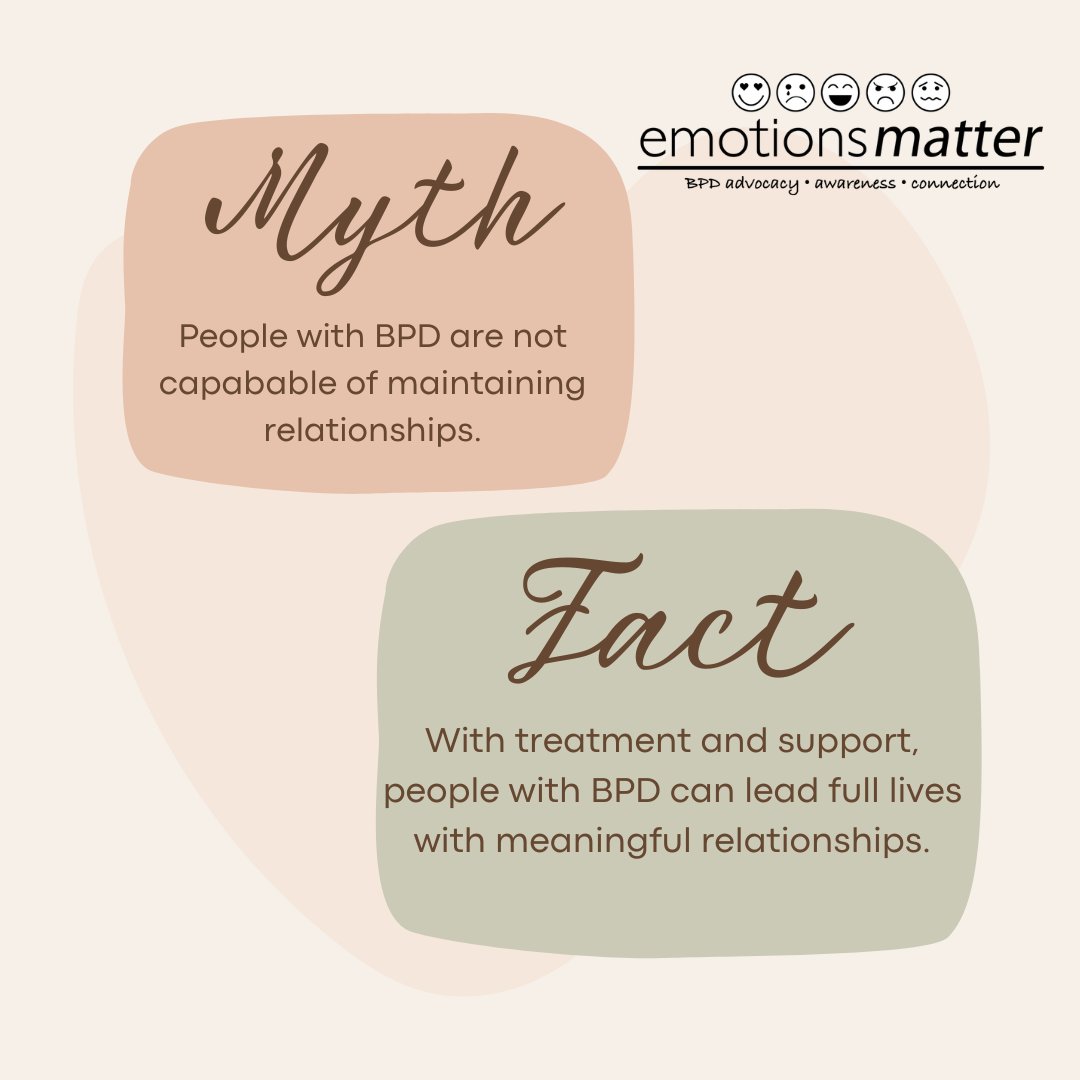 embpd's tweet photo. Know the facts about BPD! People with BPD can have meaningful relationships! Check out our YouTube video where Emotions Matter interviews clinicians and individuals to correct misperceptions on this topic. https://t.co/uhesOf2xu7 #EmotionsMatter #BPD #bpdsupport #mythsandfacts https://t.co/88hYKu7mfR