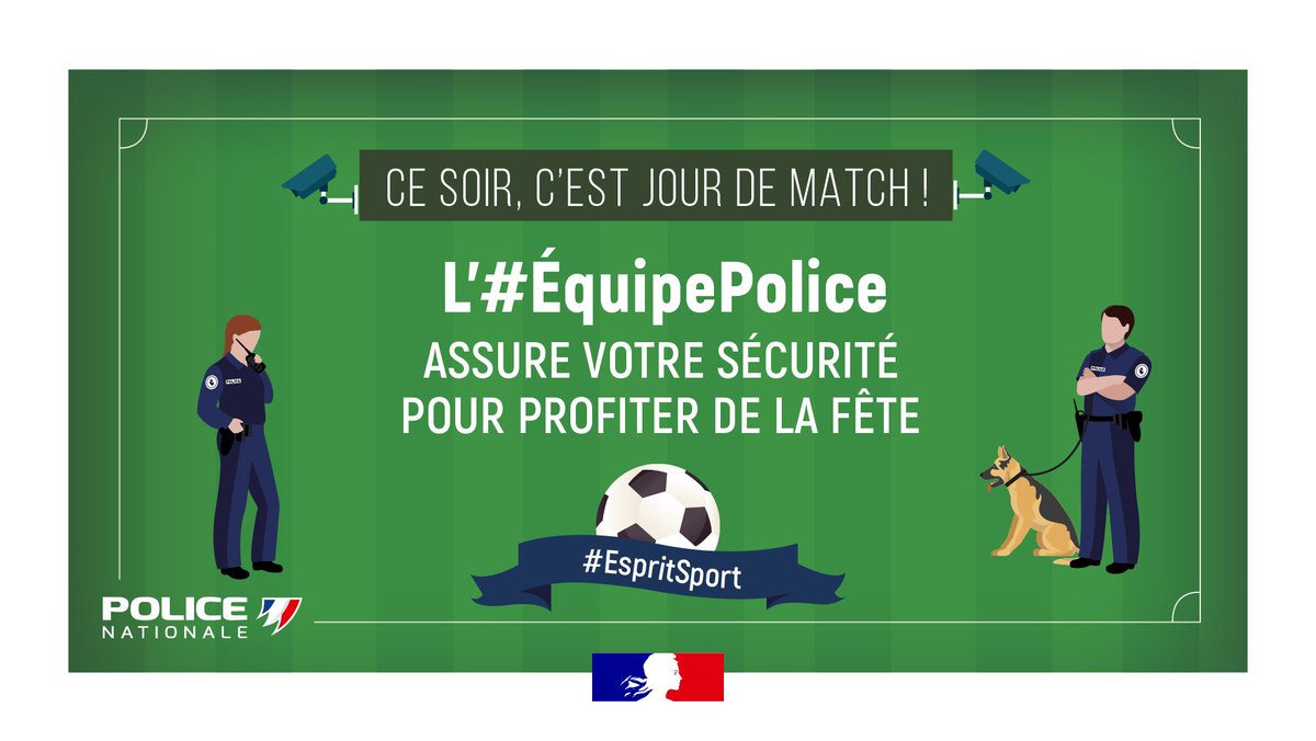 [#EspritSport] Ce soir le @FCNantes reçoit le @PSG_inside au stade de la #Beaujoire de #Nantes. 
Nos policiers seront présents pour vous #protéger.
Sur le terrain comme dans les gradins, restez fair-play!
Bon match à tous.