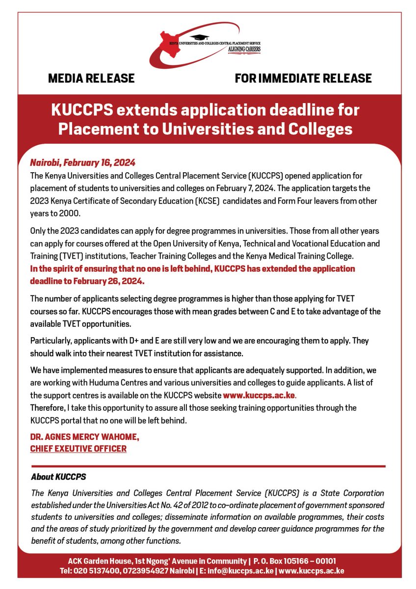 Deadline Extended! 'In the spirit of ensuring that no one is left behind, KUCCPS has extended the application deadline to February 26, 2024.' - KUCCPS Chief Executive Officer Dr. Agnes Mercy Wahome.
