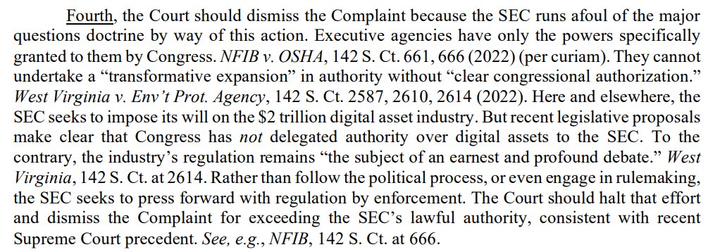 NuclearHerbs's tweet photo. Welcome back to #PulseChainLawSchool. Today we’ll try to answer some of your “major questions.”

As Richard’s attorneys noted in their letter to the court (screenshot below), they may bring a challenge to the SEC’s authority to bring this case under the Major Questions Doctrine (MQD). So let’s first figure out what that is before we discuss whether it applies.

The simplest way to explain the MQD is to say that administrative agencies only have the authority given to them by Congress, and if an agency wants to take control over something new and important, it must prove that Congress gave them the authority to do so.

That’s the summary, here’s the law. It requires that “in the extraordinary case where an agency claims the ‘power to regulate a significant position of the American economy’ that has ‘vast economic and political significance,’ it must point to ‘clear congressional authorization for that power.” Util Air Reg. Grp. v EPA, 573 U.S. 302 (2014). The assumption the courts rely on is that Congress would speak clearly and not through vague terms if it intended to grant an agency authority to make decisions that would have far-reaching economic and political consequences.

Got it? That was easy. See you next week.

Oh, never mind. I see one hand in the back. I guess we’ll continue.

Anyway, the MQD isn’t really that old. It essentially began in 2000 in a Supreme Court case called FDA v Brown & Williamson Tobacco Corp., 529 U.S. 120 (2000), where the FDA wanted to regulate tobacco products as “drugs and devices” and SCOTUS said they didn’t have authority from Congress to do that. It specifically held that in interpreting a statute that gives an agency authority, the inquiry must be “whether Congress…meant to confer the power the agency has asserted.”

There really aren’t a lot of cases that discuss the MQD, but the ones that do tend to show the Courts aren’t buying what the agencies are selling. My own personal opinion is that it’s probably because over the past 25 years or so, executive branch agencies have been acting like it’s their God-given right to expand their power and control every chance they get, and that’s fucking up the whole separation-of-powers thing. After all, the more shit you do, the bigger your budget requests can be, and the more power that agency has. The more power the executive branch agencies take without clear legislative authority, the less power the legislative branch has. So the judiciary has to balance that out and return some control to the complete morons we keep electing to Congress.

Recent examples include a 2021 case called Alabama Assn. of Realtors vs Dept of Health and Human Services, where SCOTUS found the CDC didn’t have the authority to institute a nationwide eviction moratorium. Before that, in Gonzalez v Oregon, SCOTUS shot down the AG’s claim that he could revoke the medical license of a physician who prescribed a controlled substance for assisted suicide. And in NFIB v OSHA, SCOTUS again rejected OSHA’s mandate that either 84 million Americans take the COVID vax or undergo weekly medical testing at their own expense.

In order to invoke the MQD, there’s basically a 2-part test: (1) is the agency action “major”, meaning a major economic or political significance (“major” is, of course, subjective and means basically whatever the court wants it to mean), and (2) is the agency action “exceptional,” which means basically whatever the court wants it to mean. Making arguments like these are why lawyers get paid. If the answers to both questions are yes, then the agency is required to show it has “clear” statutory authorization for the actions it wants to take.

Well, that sounds good so far, right? I mean, it’s pretty fucking obvious that Congress didn’t specifically authorize the SEC to regulate crypto assets when it passed the 1934 SEC act. Nor did Howey address crypto, because it was decided almost 70 years before Satoshi burst on the scene.

So given this backdrop, you would think this would be easy for defendants in crypto actions to say “Hey, SEC, you don’t have statutory authority from Congress to regulate crypto, so you can’t regulate crypto.”

And that’s what’s been happening. But MQD in crypto regulation cases is getting zero traction with courts, so let’s explore why.

Coinbase argued MQD at oral argument recently. Judge Failla appeared to find those arguments unpersuasive, although we won’t know for sure until we see a ruling. The judge did question the litigants about the brief filed by Sen. Cynthia Lummis, which urged the court to consider the MQD with respect to crypto cases, specifically noting that Congress had not spoken on this issue yet.

This is also why I’ve been urging you all to contact Sen Lummis and ask her to file a similar amicus brief in @RichardHeartWin’s case. It’s the exact same issue as in Coinbase, so I don’t know why there would be any hesitation or resistance on her part.

Back to the Coinbase hearing. Interestingly, the SEC brushed off Coinbase’s claim that the crypto industry has a major economic impact. If I remember right, the SEC claimed that the $1-2T industry was a “rounding error” in comparison to other major financial industries. This argument is, of course, stupid, because the eviction case I cited above had an impact of only $50B, and it was still analyzed under the MQD.

And last year, in the Terraform labs ruling, Judge Rakoff dismissed Terraform’s arguments about the MQD, stating that “the crypto-currency industry – though certainly important – falls far short of being a “portion of the American economy” bearing “vast economic and political significance.” SEC v Terraform, 23-cv-1346 (SDNY Jul 31, 2023, ruling). To be fair, it seemed obvious that the judge in Terraform was going to find literally any rationale that supported that conclusion, because he wasn’t about to let Do Kwan get away.

But IMO, this is like asking a court in 1994 to find that the internet has no significant economic impact on the economy. 10 years ago, in 2014, the entire market cap of crypto was around $10B. Now, even coming out of a bear, it’s approaching $2T. That’s a 20,000% increase in 10 years. Imagine where it will be in another 10. Major economic impact? That seems a fait accompli. Unless it’s strangled to death in the crib, which is what the SEC appears to be trying to do.

OK, so now we’re seeing that courts don’t want to invoke the MQD with respect to the crypto industry, but why? I have a couple of thoughts on that, based on my analysis of the cases I have in front of me. Keep in mind that an appellate ruling or SCOTUS ruling could drastically change the game at any time. But here goes:

First off, the SEC is proceeding with enforcement actions using the Howey test that’s been around forever. Enforcement actions are not “exceptional” by any means. In fact, they’re routine. So that’s one prong of the MQD analysis that’s difficult to satisfy, regardless of whether or not the court believes the other prong (the economic significance of the crypto market) is satisfied. If you can’t satisfy both initial prongs of the analysis, you never get to the point where the agency has to show clear authority from Congress.

Second, as I mentioned in last class, it’s not just the SEC that has the ability to file cases alleging securities violations – there’s a corresponding private right of action that lets you and me do it too. This private right of action complicates things, in that you’re essentially asking judges to find that the SEC lacks the authority to bring the same enforcement action that a private citizen already can. That’s a tough ask, and a pretty solid reason why the MQD will not be found to apply, even if it does. The law isn’t a straight line and doesn’t always make sense. It’s more of a fucked up patchwork quilt that has patterns and colors that clash sometimes.

And finally, Judges don’t like to be reversed on appeal. Being told you fucked up by a panel of circuit court judges doesn’t sit well with a lot of trial court judges, some of which have aspirations of someday being circuit court judges. The “safer” route is to go with the flow and find that the MQD doesn’t apply. After all, the SEC now has a pretty long history of taking these enforcement actions (whether or not it has the authority to do so), and it’s going to be hard for a circuit court of appeals to rule that every court in their jurisdiction has been fucking up for years. That’s another tough ask.

An objective analysis of any problem requires you to look at it from many angles. Here, you have to look at it from the perspective of the courts as well. If they all-of-a-sudden find that the MQD applies and hold that the SEC doesn’t have the authority to regulate crypto assets, the courts could believe that crypto investors would be somehow “unprotected” from bad actors until Congress gets its shit together and passes additional legislation. It seems unlikely that courts will find this scenario acceptable. After all, Congress can still act in the interim, and the courts can leave the status quo until they do. SCOTUS has also said as much in Slack Technologies v Pirani, where it noted “Congress remains free to revise the securities laws at any time” and that the judiciary’s “only function lies in discerning and applying the law as we find it.”

Let’s wrap up:

On the surface, it would seem that the MQD should apply to the crypto industry, but unfortunately there are a lot of other factors in play, and courts don’t seem to want to invoke the MQD in crypto cases. But defendants need to continue to raise it until they find a judge who is willing to climb out on a limb and say that it applies, which would essentially force a court of appeals and possibly SCOTUS to take a hard look at it.

The SEC is dedicating far too much time and money towards an industry they called a “rounding error” in court. These self-important jackasses have declared themselves the guardians of all crypto investors and will continue to fuck with this industry until they’re reined in by either Congress or the courts.

Congress is lazy and stupid, and it’s an election year, so don’t expect any coherent legislation anytime soon.

Vote however you want this fall, but if you want Gensler gone, you should consider which candidate is more likely to make that happen. Remember, he was appointed by Biden.

And, just because Hexlena said she was looking forward to this class, I’ll end with: lolz.

#HEX #PLS #PLSX