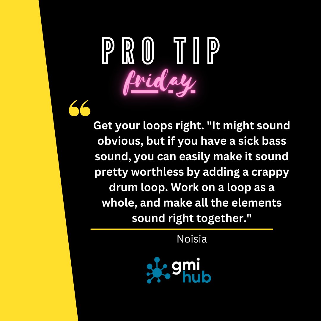 ProTip Friday from Noisia  '.. if you have a sick bass sound, you can easily make it sound pretty worthless by adding a crappy drum loop. Work on a loop as a whole, and make all the elements sound right together.' #protip #protipfriday #drums #musicproduction #musician #gmihub