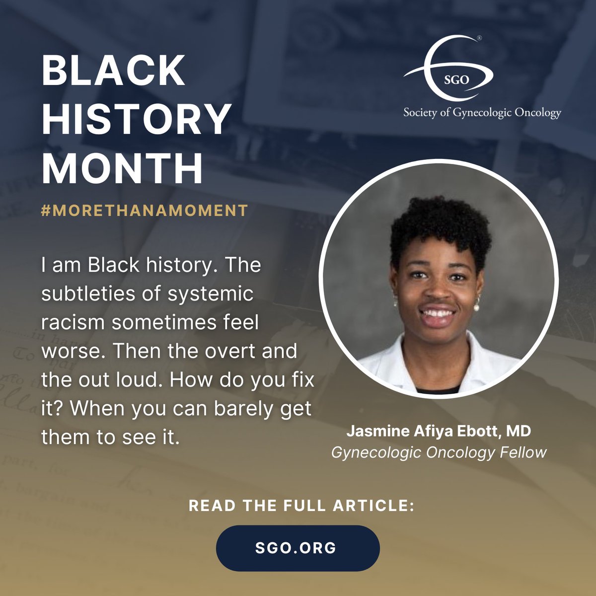 SGO_org's tweet photo. @EbottJasmine penned the essay "I Am Black History" describing personal experiences that reveal the systemic nature of racism, its effect on medical professionals and patients, and her ongoing commitment to being a part of the solution.

Read more:
https://t.co/95ZMilZsLp https://t.co/bHbYkxOWXi