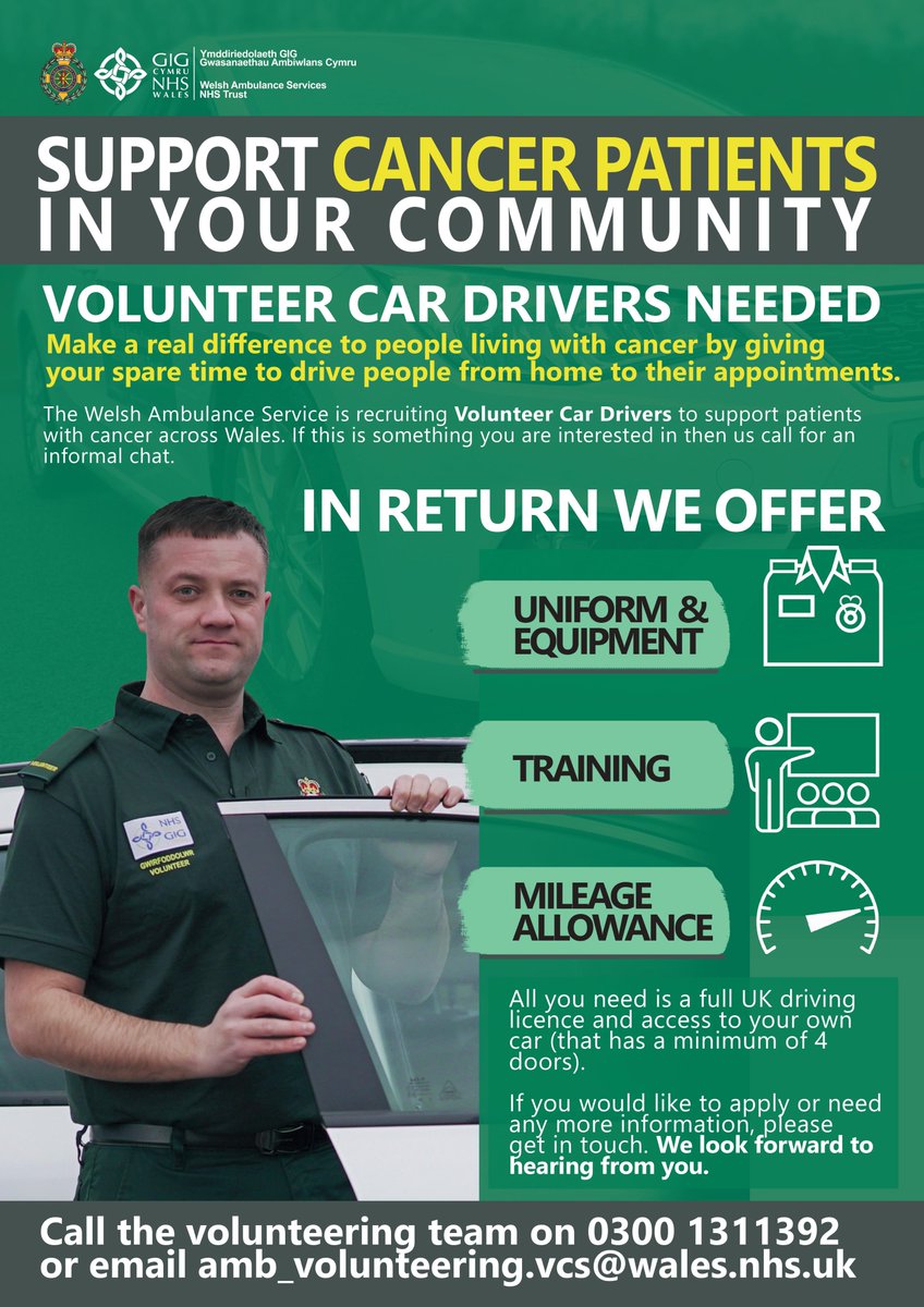 📢Would you like to #volunteer in your free time to #support #Cancer patients in your community? There are #volunteering opportunities within Welsh Ambulance Service in #Swansea For more info  📧 amb_volunteering.vcs@wales.nhs.uk 📞03001311392