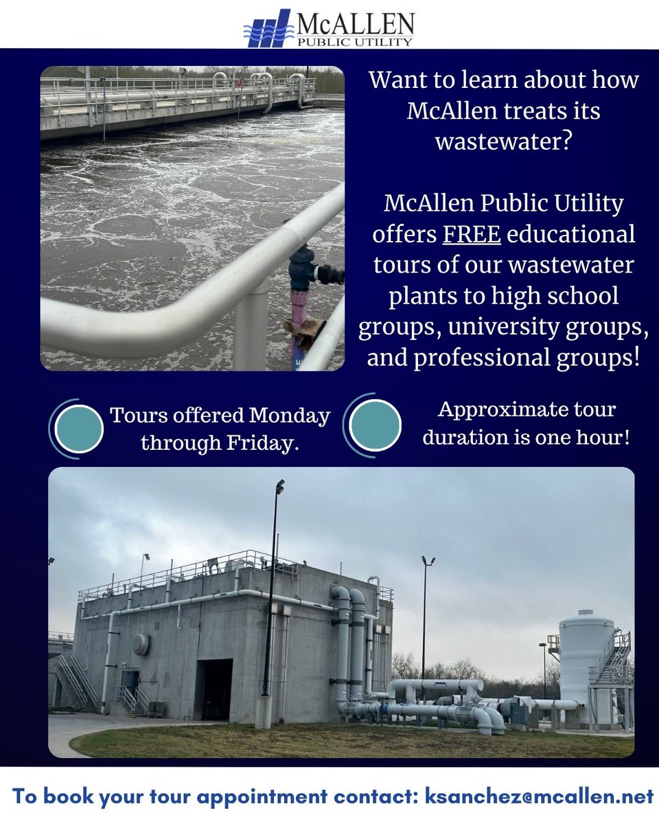 Ready to learn how our team at McAllen Public Utility treats its wastewater? MPU welcomes high school groups, university groups, and professional groups! The best part? Our guided tours are at zero cost! Contact us at ksanchez@mcallen.net to book your tour appointment.