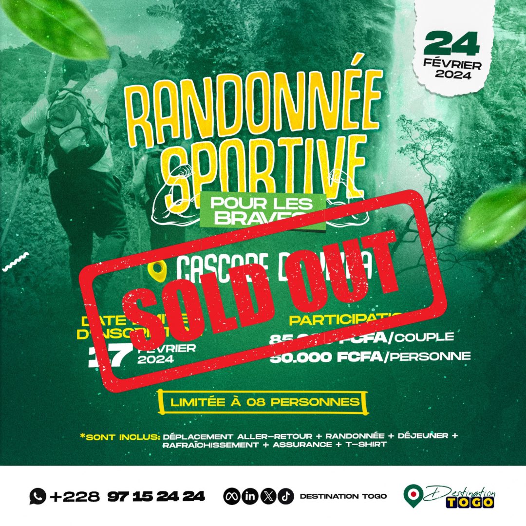 C'est complet !

Toutes les places pour la randonnée à la cascade de Yikpa ont été vendues, merci à tous.

Place à l’aventure

#Destinationtogo #Togo #Tgtwittos #Team228 #Onlyforthebrave