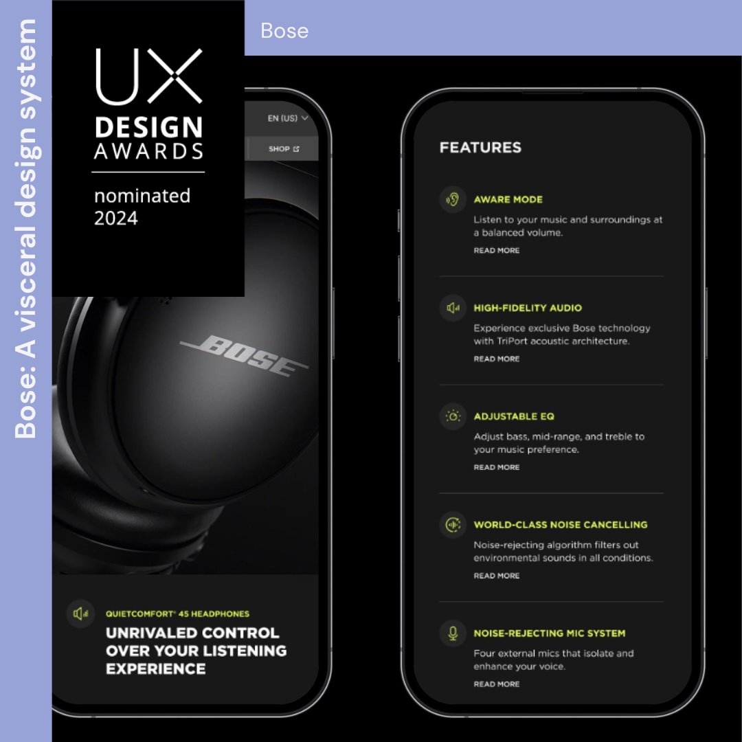 uxdawards's tweet image. “Bose: A visceral design system“ by @Bose and @Valtech is nominated for the #UXDA24! Congrats! 🤩

The project is running for the Public Choice Award – cast your vote 👉bit.ly/490B8Py

#uxdesign #uxdesignawards #UXDA24 #uxawards #uxcompetition #designawards #ux
