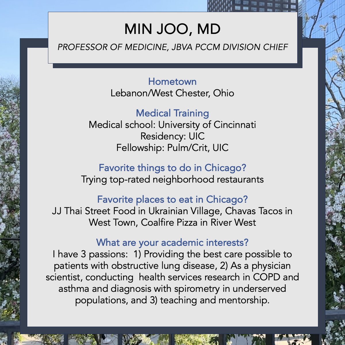 This week's Faculty spotlight: Min Joo! #GoFlames #UICIM
