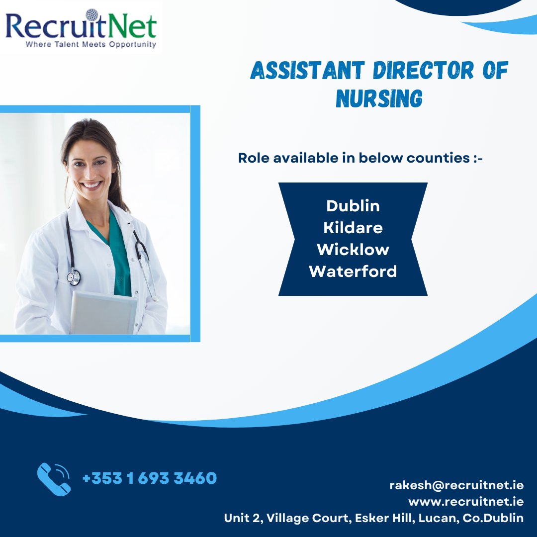 Hiring an ADON for one of our client in below counties ! 👩

🏥 Join our client's team and make a difference in the lives of their patients.
#ADON #HealthcareLeadership #CoDublin #NursingJobs #HealthcareJobs #JoinOurTeam #PatientCare