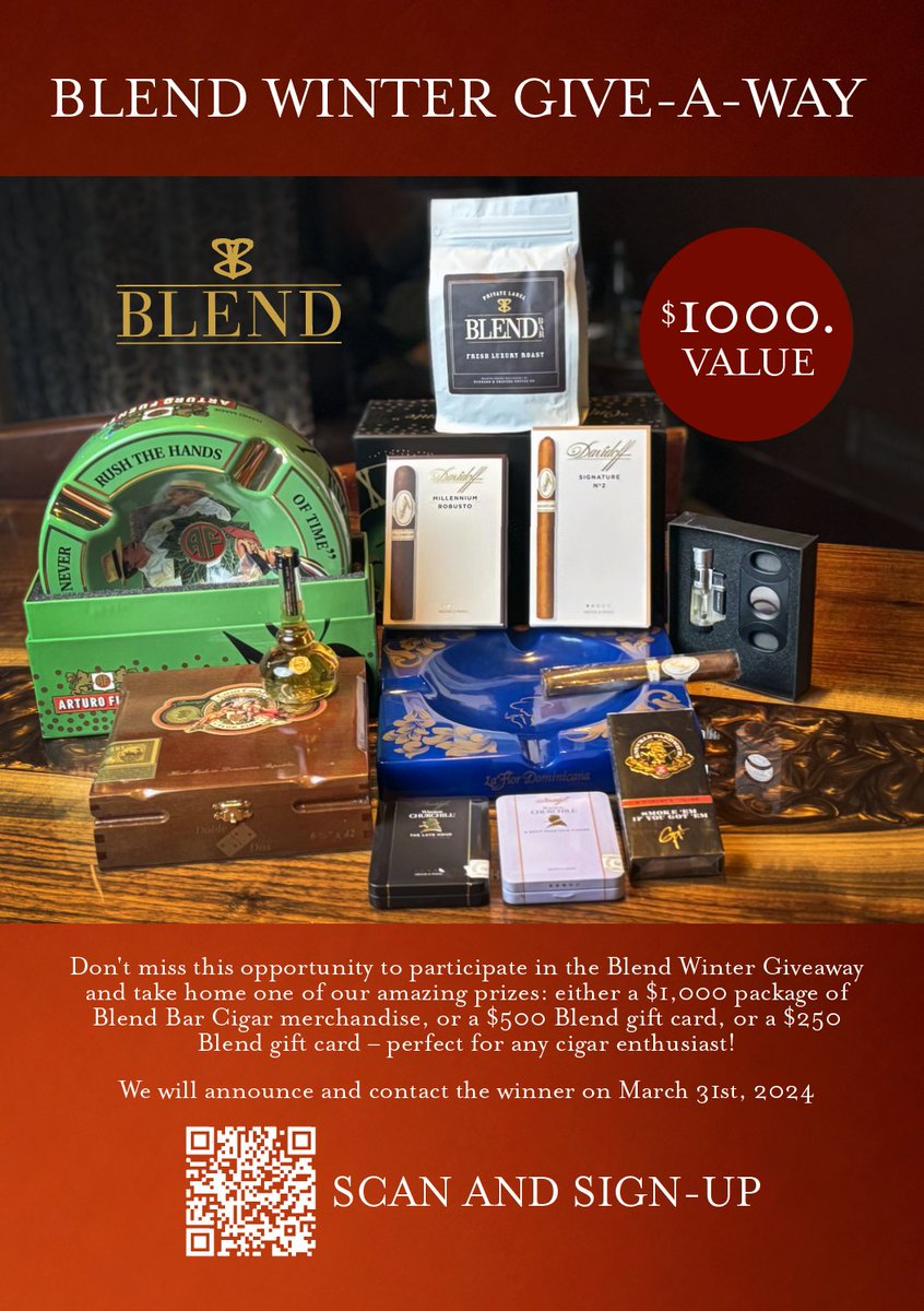 ow.ly/sW8h50QuUwQ
🎁 Win a $1,000 package of Blend Bar Cigar merchandise, a $500 Blend Gift Card, or a $250 Blend Gift Card! 💥 Luxury for you! 🌟 Enter now to take home one of these amazing prizes! #BlendWinterGiveaway #CigarGiveaway #WinWithBlend #cigar #bourbon 🗓