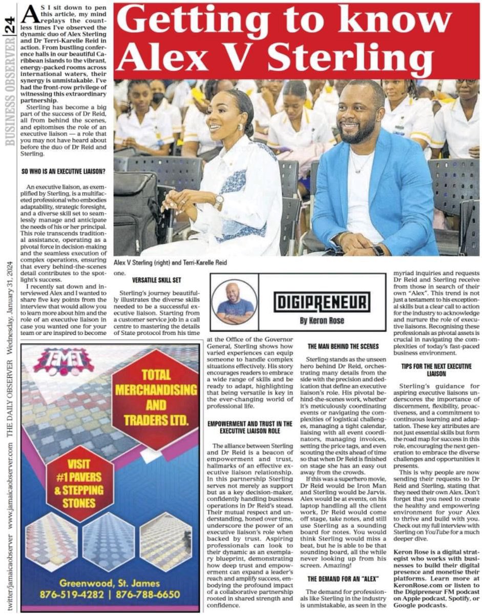 alexvsterling's tweet photo. 2024 is off with a bang! Two firsts back to back in one week. First podcast interview, and my first profile feature in national newspapers (The Jamaica Observer and the Trinidad and Tobago Newsday)
#AlexVSterling #AlexxWithTwoXs #JamaicaObserver #TTNewsday #DigipreneurPodcast https://t.co/yAYH2JDN7s