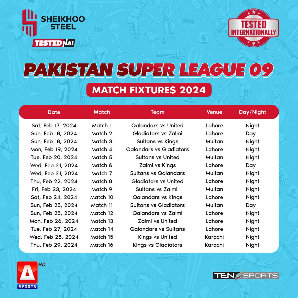 SheikhooSteel's tweet photo. Prepare yourself to witness the apex of cricketing excitement with Sheikhoo Steel, the proud sponsors of PSL 09 2024!  Watch your favorite team live and stay updated with their upcoming match schedule.

#PSL09 #Cricket #SheikhooSteel #Strength #InternationallyTested #TestedHai https://t.co/TdFkr1KAAX