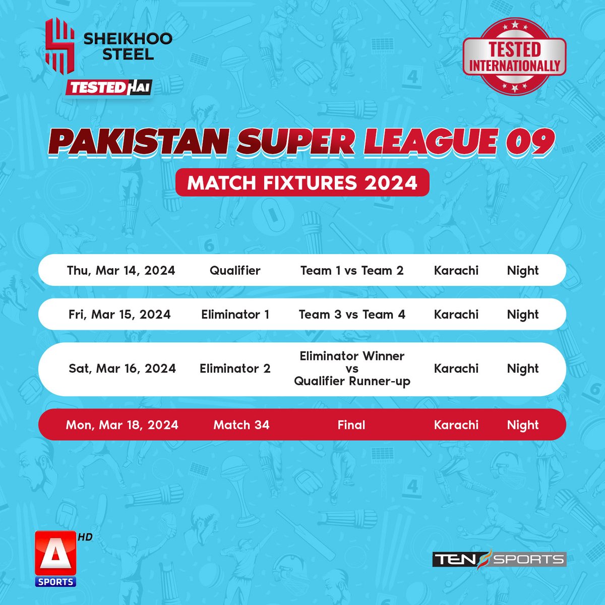 SheikhooSteel's tweet photo. Prepare yourself to witness the apex of cricketing excitement with Sheikhoo Steel, the proud sponsors of PSL 09 2024!  Watch your favorite team live and stay updated with their upcoming match schedule.

#PSL09 #Cricket #SheikhooSteel #Strength #InternationallyTested #TestedHai https://t.co/TdFkr1KAAX