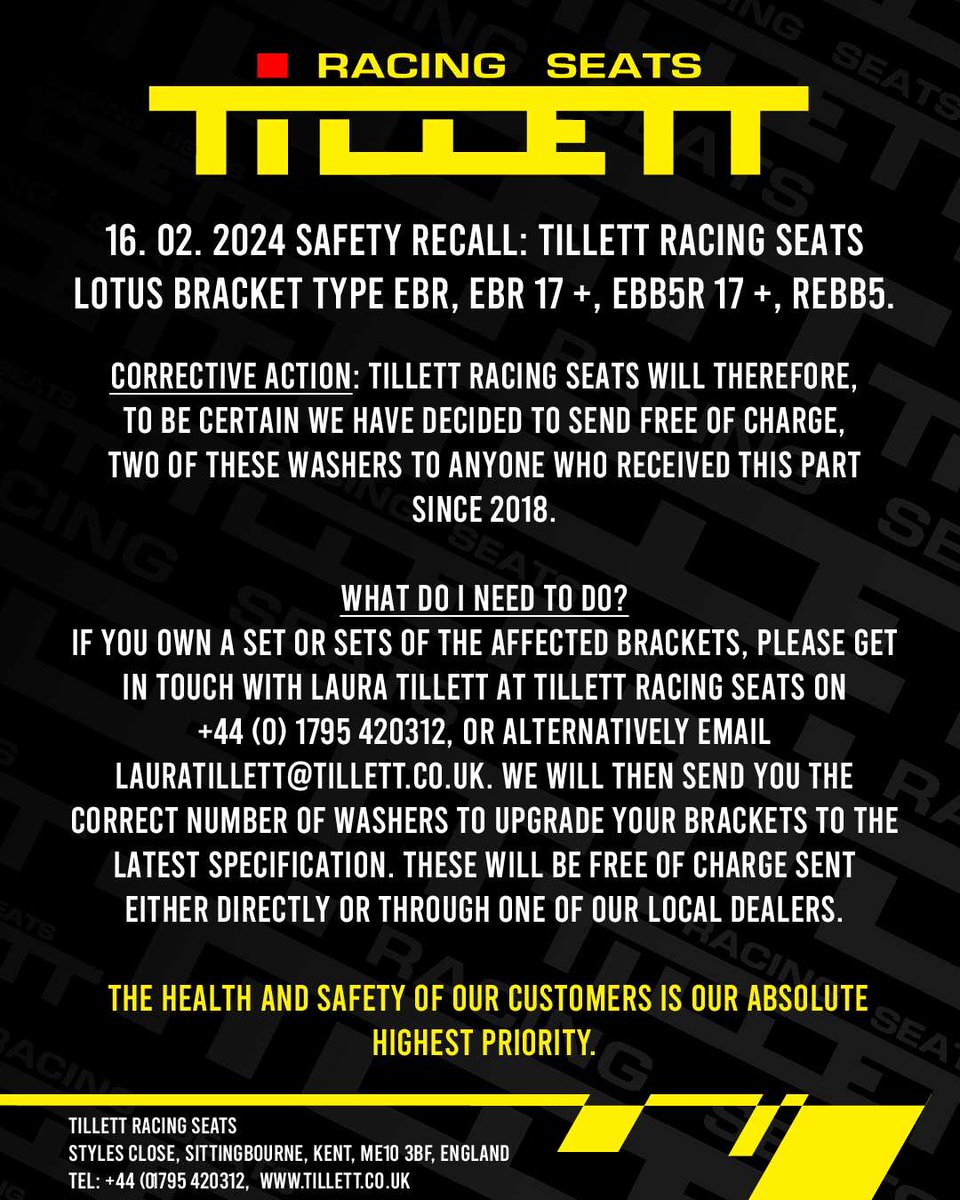 #Recall: Nothing is more important to us than the safety of our customers. Therefore, Tillett Racing Seats is issuing a recall on the products detailed in the images below:

Please get in touch with us via our website or call us at +44 (0)1795 420312 for additional information.