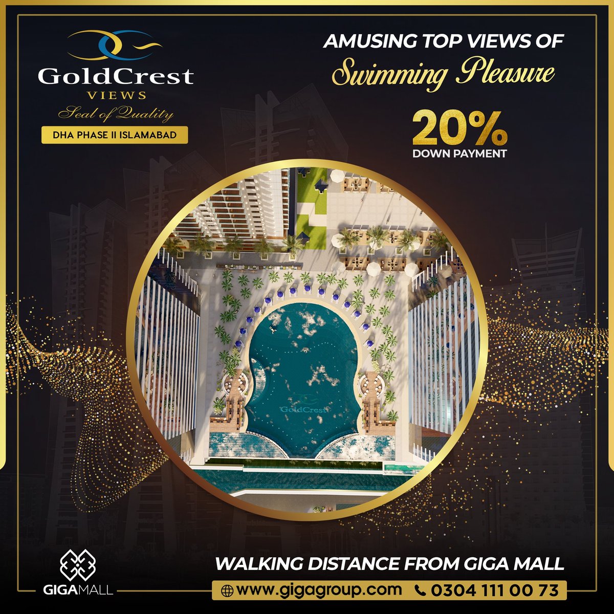 Amusing top views of swimming pleasure! 𝐆𝐨𝐥𝐝𝐜𝐫𝐞𝐬𝐭 𝐕𝐢𝐞𝐰𝐬 offers breathtaking panoramic views and world class amenities. It is a 40-storey residential complex by Giga Group located at prime location of Defence Housing Authority (DHA) Phase II Islamabad. Don't wait to…