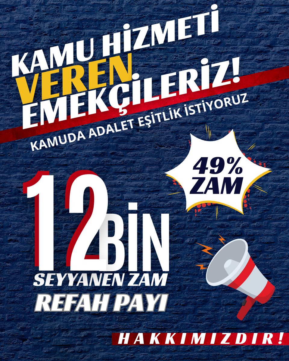 Haklı Taleplerimizden 
📢 VAZGEÇMİYORUZ!📢

➡️ %49,25 Zam
➡️ Refah Payı
➡️ 12 Bin₺ Seyyanen Zam İstiyoruz!
➡️ 696 KHK İptal Edilip Norm Kadro Geçişi Sağlanmalıdır. 
#Kamuişçileri
#isciyiOYalamayın
<a href="/isikhanvedat/">Prof. Dr. Vedat Işıkhan</a> <a href="/turkiskonf/">TÜRK-İŞ</a> <a href="/hakiskonf/">HAKİŞ KONFEDERASYONU</a>