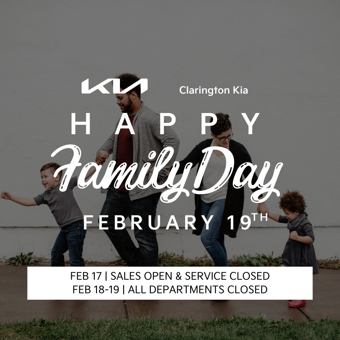 ClaringtonKia's tweet photo. Are you ready for the Family Day long weekend? Be sure to check out our special holiday hours before stopping by! https://t.co/bEmnEwRLdC