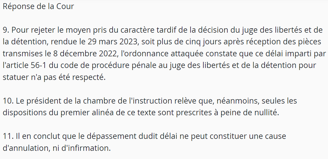 Chambre criminelle - 30 janvier 2024 - Perquisition

Le délai de 5j imposé au JLD par l'art 56-1 al4 CPP pour se prononcer sur une contestation en matière de saisie effectuée dans le cabinet ou au domicile d'un avocat n'est pas prescrit à peine de nullité. urlz.fr/pzVN
