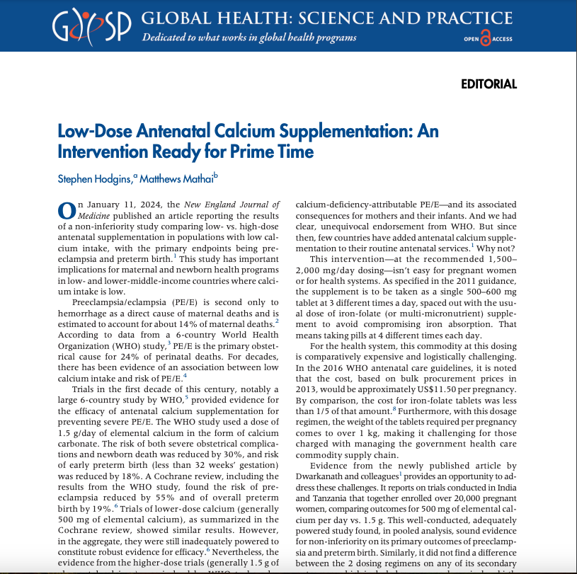 🆕 editorial: New evidence of the effectiveness of low-dose antenatal calcium supplementation for preventing preeclampsia and preterm birth provides additional protection for pregnant women and their newborns in settings where calcium intake is low. hubs.ly/Q02llz3S0