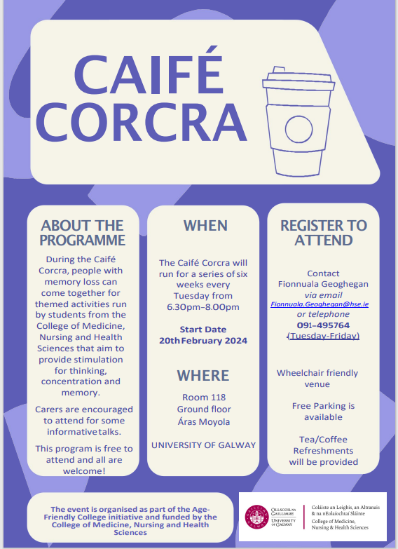 OT University of Galway (@galwayot) on Twitter photo Join us on Tuesday, Feb 20th for our first student-led Dementia Café/Caifé Corcra in Aras Moyola. Full details in the poster attached. Retweet and spread the word <a href="/Galwaybayfmnews/">Galway Bay fm News</a> <a href="/uniofgalway/">Ollscoil na Gaillimhe | University of Galway</a> <a href="/EngagingDemIrl/">Engaging Dementia</a> <a href="/dementiaireland/">Dementia Ireland Empowering Communities</a> <a href="/alzheimersocirl/">The Alzheimer Society of Ireland</a> <a href="/galwayad/">Galway Advertiser</a> <a href="/GalwayBeoOnline/">Galway Beo</a> Join us on Tuesday, Feb 20th for our first student-led Dementia Café/Caifé Corcra in Aras Moyola. Full details in the poster attached. Retweet and spread the word <a href="/Galwaybayfmnews/">Galway Bay fm News</a> <a href="/uniofgalway/">Ollscoil na Gaillimhe | University of Galway</a> <a href="/EngagingDemIrl/">Engaging Dementia</a> <a href="/dementiaireland/">Dementia Ireland Empowering Communities</a> <a href="/alzheimersocirl/">The Alzheimer Society of Ireland</a> <a href="/galwayad/">Galway Advertiser</a> <a href="/GalwayBeoOnline/">Galway Beo</a>