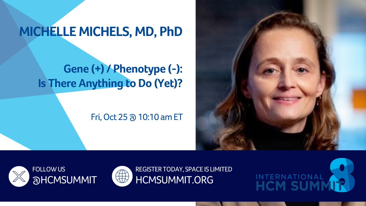 Excited to have #MichelleMichels take the stage at #HCMSummit8 to discuss 'Gene (+) / Phenotype (-): Is There Anything to Do (Yet)?' Don't miss her insights!🧬 Register at hcmsummit.org. Seats are limited. #hypertrophiccardiomyopathy #cardiotwitter #hearthealthmonth