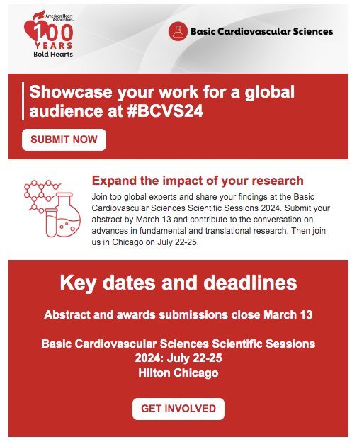 Don't forget, March 13th is the deadline for abstracts and award applications for #BCVS24, to be held in Chicago 22-25 July! This includes nominations for the BCVS Early Career Investigator Award. @ECI_ISHR @aha