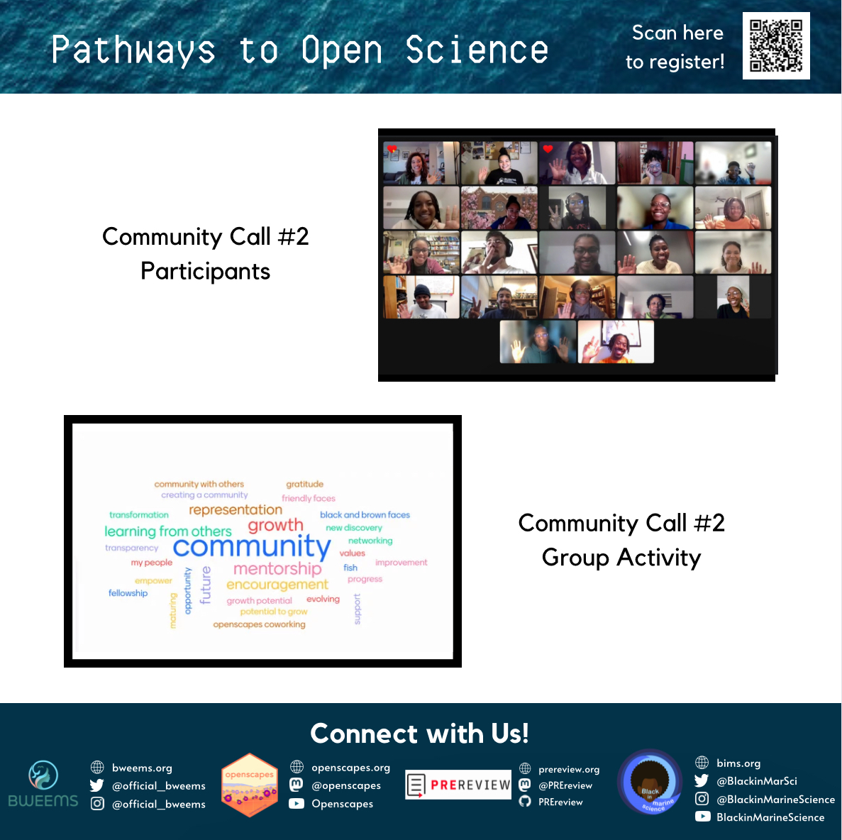 Want to learn new data science skills & build community? Join us for the next community call in the “Pathways to Open Science” professional development series hosted by us, @BWEEMS_Official, @PREreview_ & @Openscapes next week Thursday! Registration link in bio!