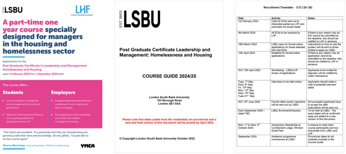 Are you wondering whether the Post Graduate Certificate in #Leadership and #Management: #Homelessness and #Housing is for you? 

Here's some weekend reading ⬇️
lhf.org.uk/2024-course-gu…

ℹ️ Expressions of Interest are OPEN!   
ℹ️ The form is quick &amp; easy 
ℹ️ 20 places available