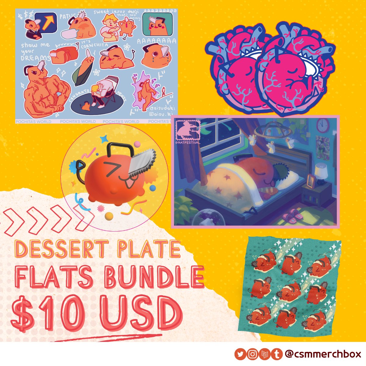 csmmerchbox's tweet photo. 💛LO'S 1 WEEK LEFT💛

Today's bundle spotlight is our flats bundle with everything you need to keep you going, memes and all! The many faces of Pochita in stickersheet, sticker, postcard and cloth form!✨

Hurry, stocks are running out quick!!

🛒https://t.co/AV4C52ejuE https://t.co/sBwdJvLUoA