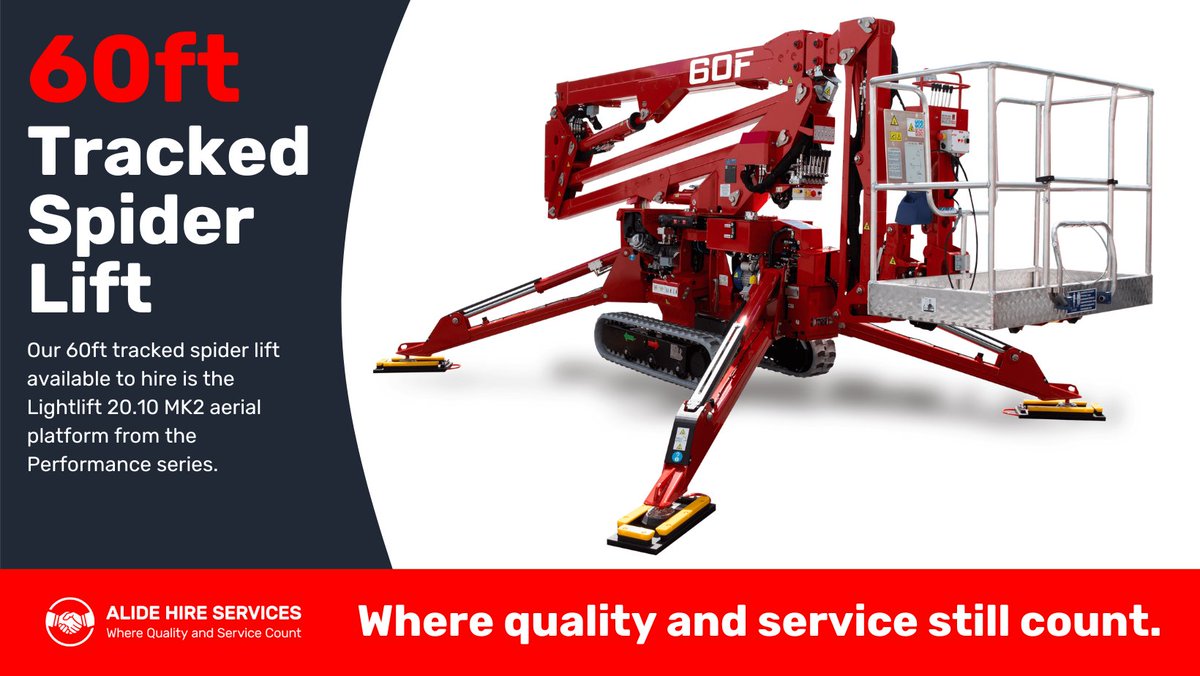 Tackle high-up tasks with our 60ft Tracked Spider Lift - Lightlift 20.10 MK2! 🚀 230kg capacity, 20.15m height, 10m outreach. Perfect for tree pruning, renovations, and more. Reach out for best rates!  alidehire.co.uk/product/60ft-t…

#AlideHire #SpiderLift #AerialWork #UKConstruction