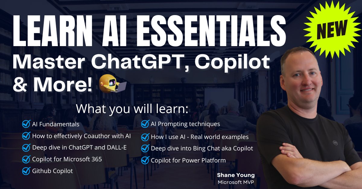 PowerApps911's tweet photo. Exciting News! We just launched a BRAND NEW course! Shane and several other #PowerApps911 all-stars have been griding the past few months to put together this awesome course to help you learn how to leverage #AI to become more productive and efficient #ChatGPT #CoPilot #PowerApps https://t.co/V2T3TqUilv
