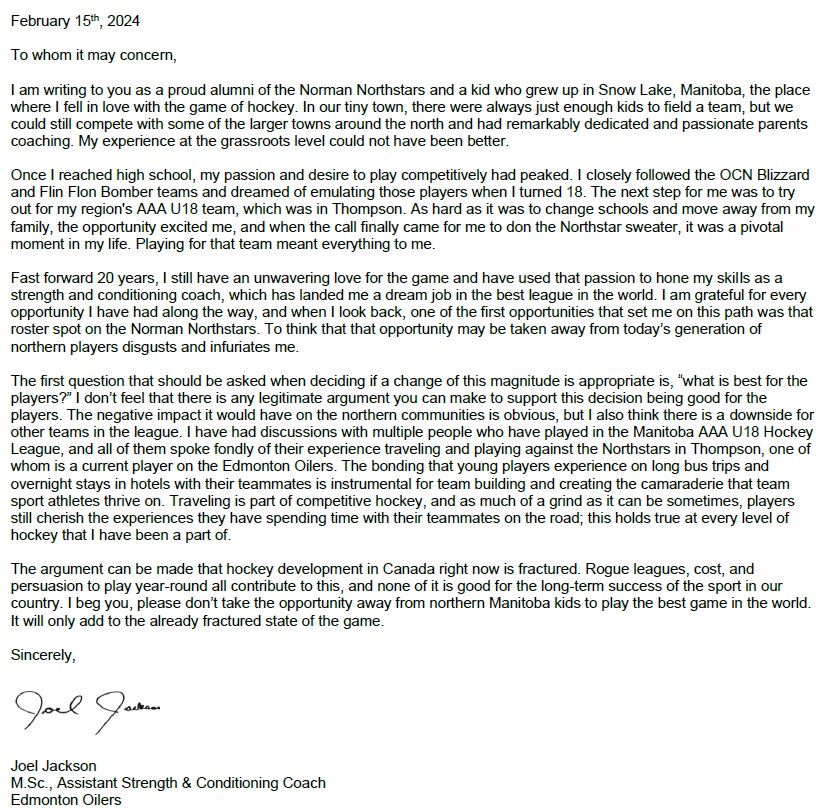 joeljacksonSC's tweet photo. My letter to the commissioner and president of the Manitoba U18 AAA League in support of the Norman Northstars.
_
@krismenard83 @MBAAAU18 @U18AAANorthstar https://t.co/ia1bMSxxVV
