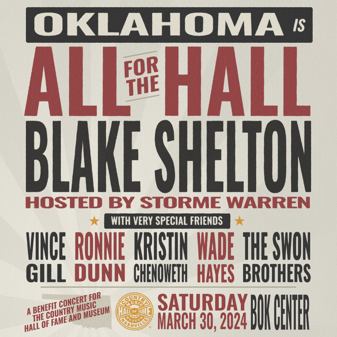 Vince will be joining @BlakeShelton’s “All for the Hall” in Tulsa on March 30 alongside @RonnieDunn, @KChenoweth, @wadehayes1 & @TheSwonBrothers. Hosted by @stormewarren, the event will benefit the @countrymusichof. Get your tickets: ticketmaster.com/event/2000602E…