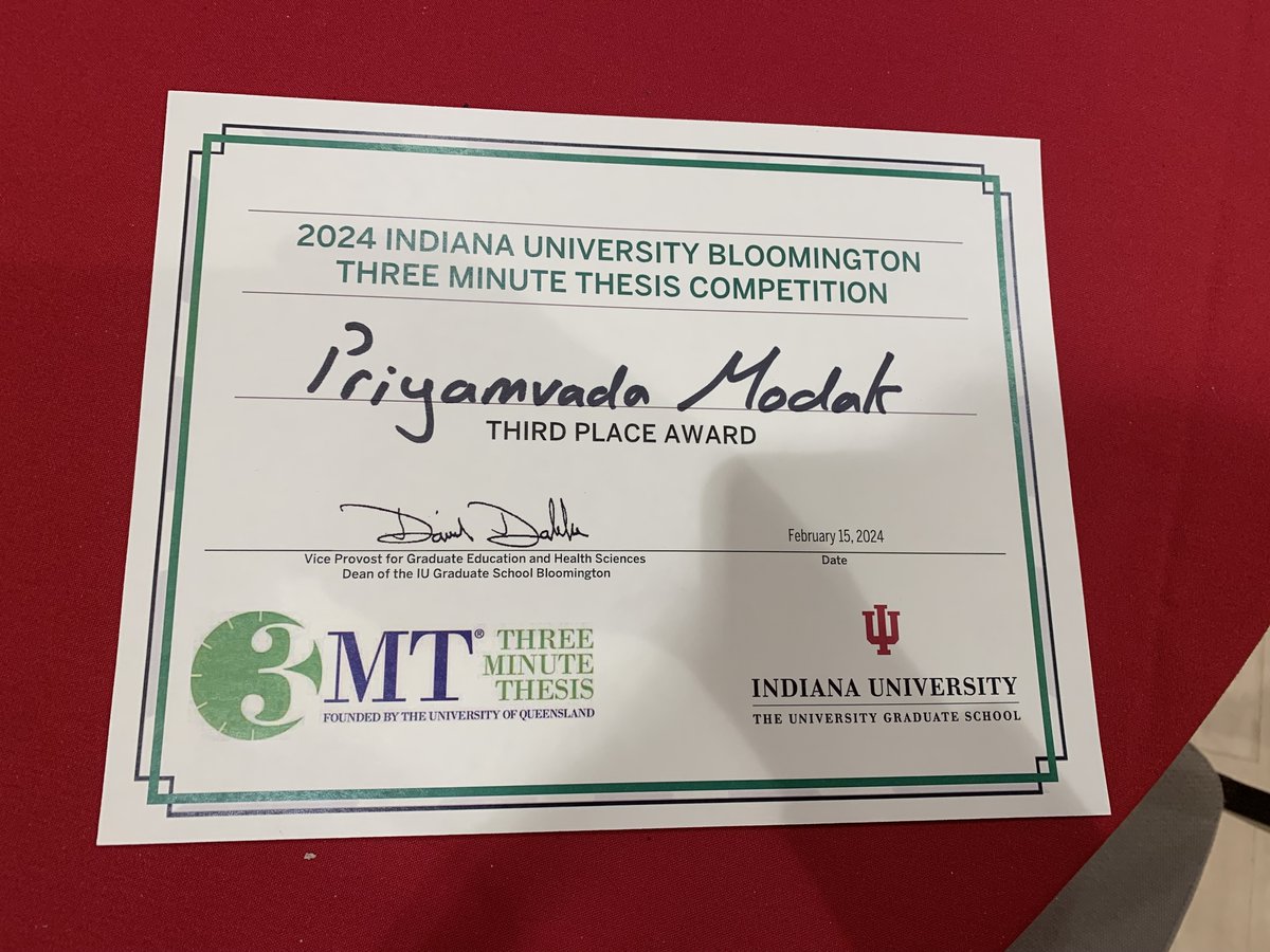 IUPsychBrain's tweet photo. Congratulations to PBS graduate student Priya Modak (@ModakPriyamvada) on her 3rd place finish in the Three Minute Thesis Competition yesterday! She was recognized for her impressive work on deep brain stimulation. https://t.co/TNtBbnGRLG