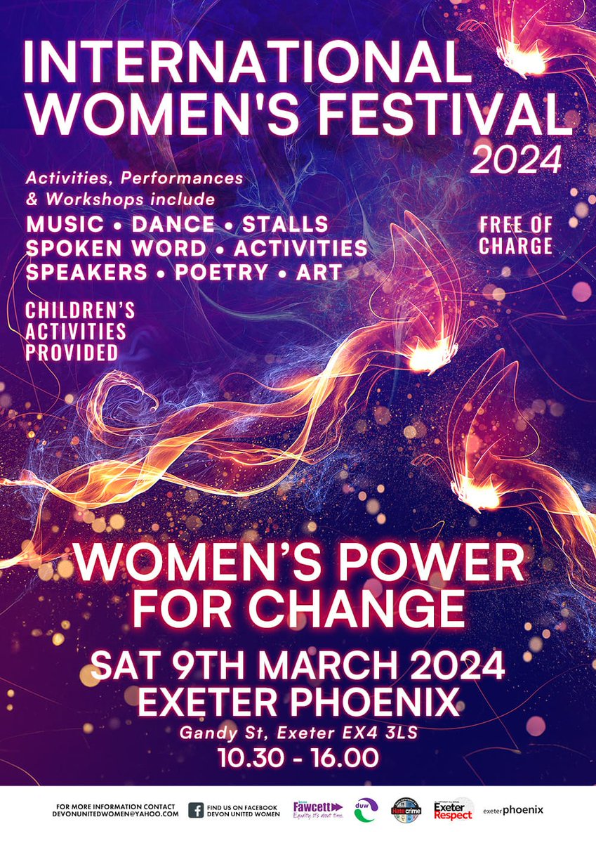 🌟 Exciting News! 🌟
Join us for #InternationalWomensDay presented by Devon United Women, Fawcett Devon, &amp; Exeter Phoenix on March 9th, 2024, at Exeter Phoenix from 10:30am to 16:00pm! 
Check out the full program here: bit.ly/ExeterIWD2024 #IWD2024 #EmpowerWomen #ExeterRespect