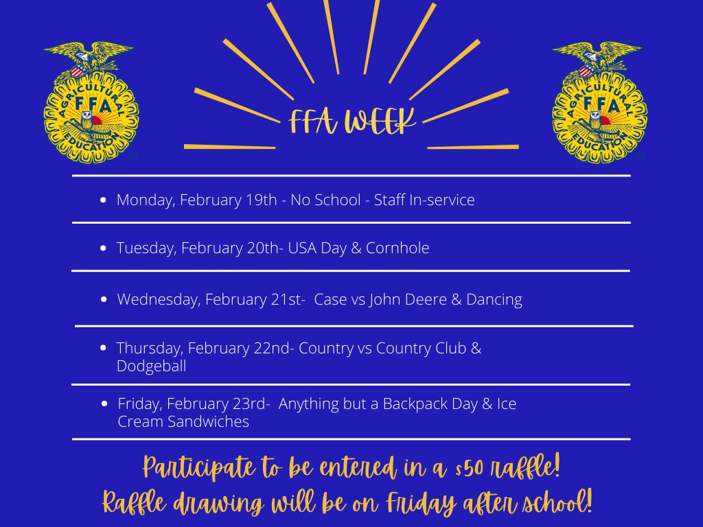 Join the Creek Valley FFA Chapter and celebrate National FFA Week! Students grades 6-12 that participate in the dress up days and after school activities will be put into a drawing to win $50.