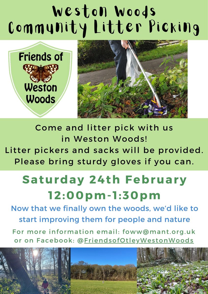 Come along and help us start to improve our woodland for people and for nature with a litter pick on Sat 24 Feb, 12pm-1.30pm at Weston Woods. #communitywoodland #NatureRecovery @WildaboutOtley @OtleyCouncil @wns_nats