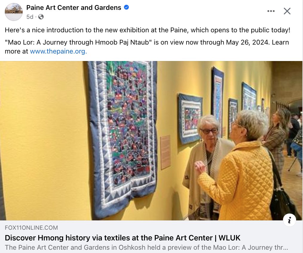 Here is something you can do weekend! "Mao Lor: A Journey through Hmoob Paj Ntaub" now through May 26L thepaine.org. #art #exhibits #support #event