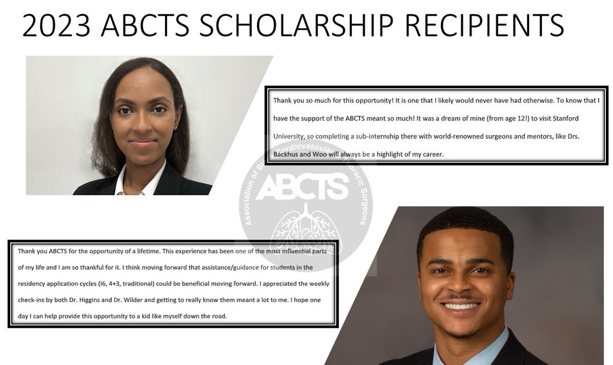PLEASE SHARE! This is an INCREDIBLE opportunity! But don't take our word for it! See what our 2023 ABCTS/STS Pipeline program scholarship winners, Dr. @_ericlucasjr_ & Student Doctor @lina_elfaki had to say about their experiences at Brigham and Women’s Hospital & Stanford